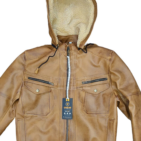 Giacca in pelle da motociclista vintage con cappuccio da uomo
