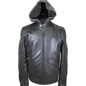 Giacca da motociclista in pelle con cappuccio staccabile da uomo