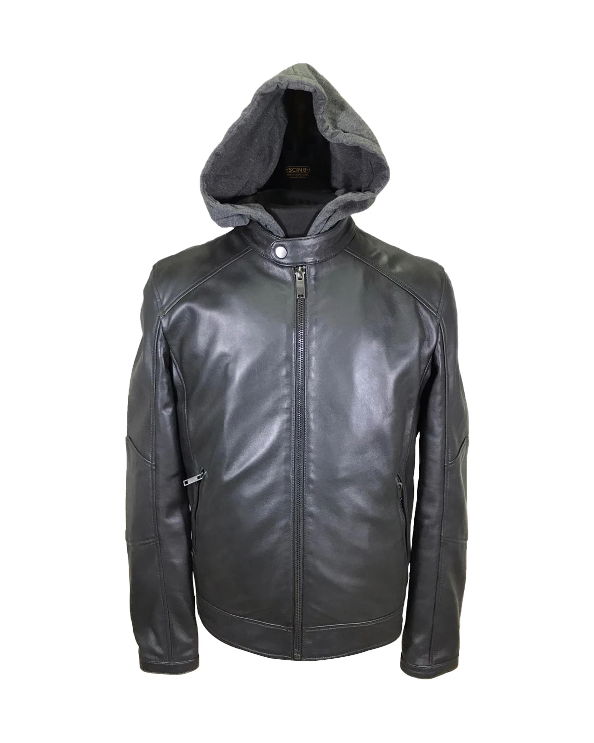 Giacca da motociclista in pelle con cappuccio staccabile da uomo