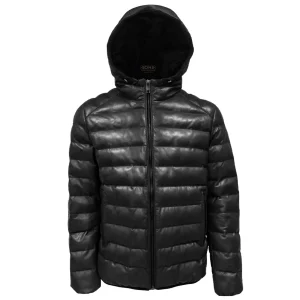 Giacca imbottita in pelle con cappuccio da uomo