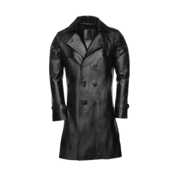 Cappotto doppiopetto in pelle di pecora nera da uomo