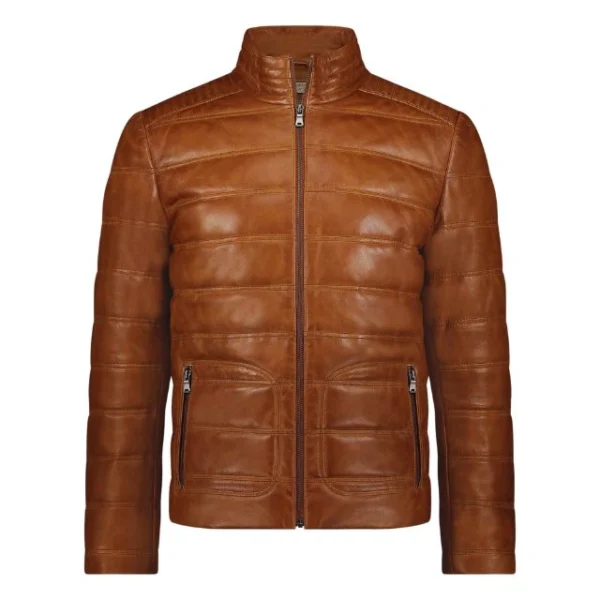 Giacca imbottita in pelle trapuntata color cognac da uomo