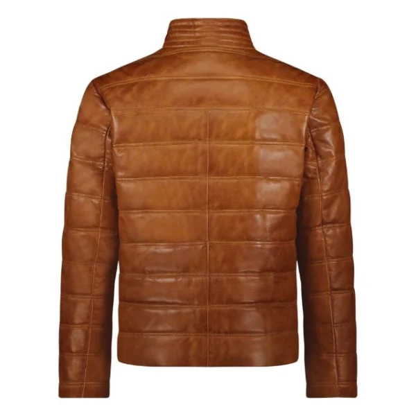 Giacca imbottita in pelle trapuntata color cognac da uomo