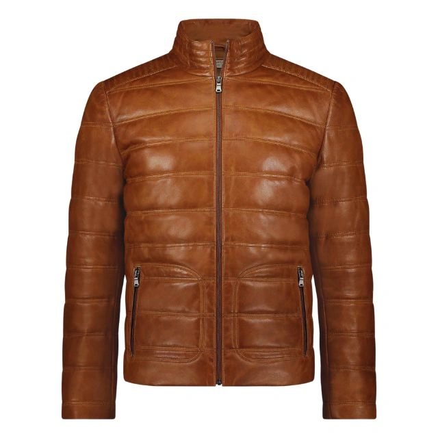 Giacca imbottita in pelle trapuntata color cognac da uomo