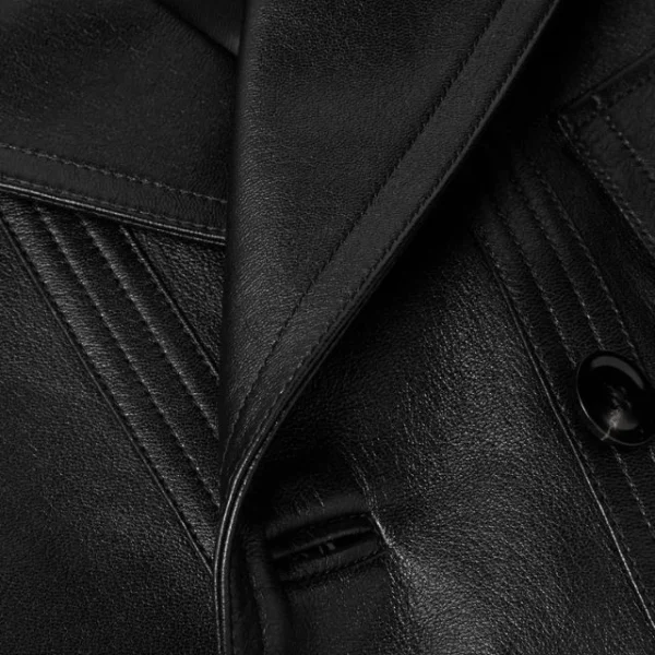Cappotto doppiopetto nero in pelle di pecora da uomo