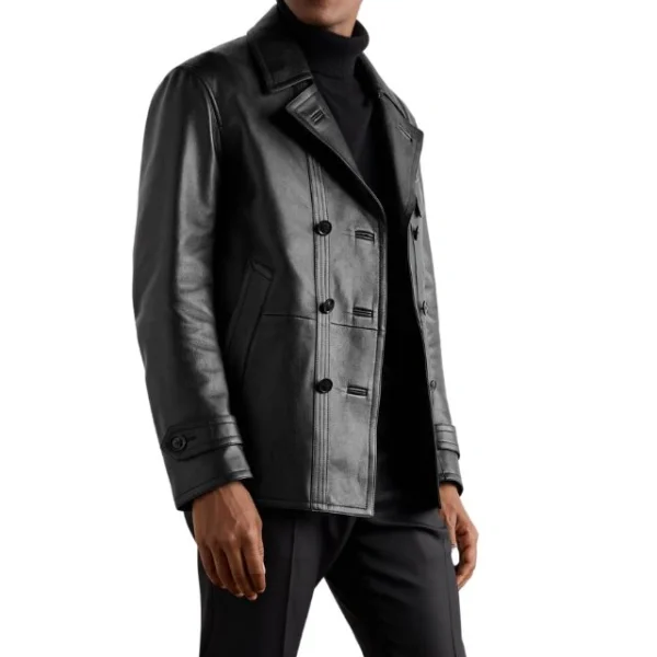 Cappotto doppiopetto nero in pelle di pecora da uomo