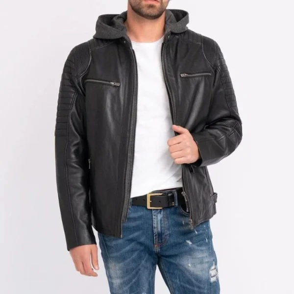 Giacca casual da uomo in vera pelle di agnello con cappuccio rimovibile