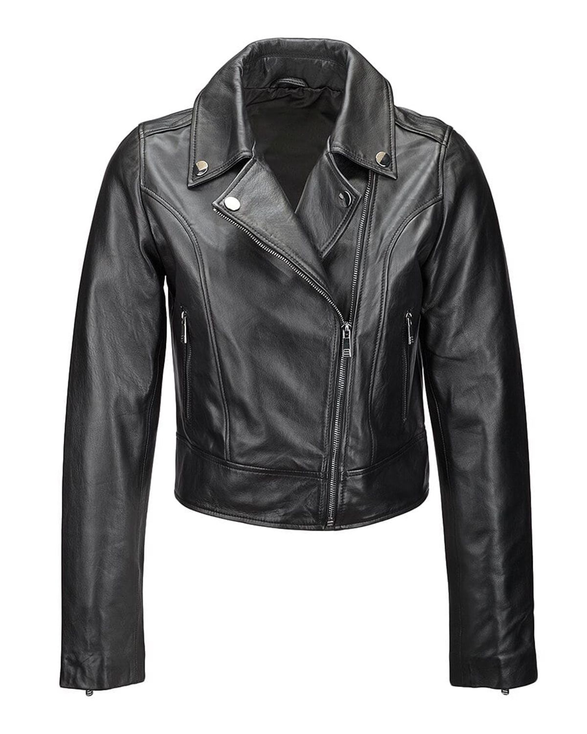 Giacca da motociclista slim fit in pelle di pecora nera da donna