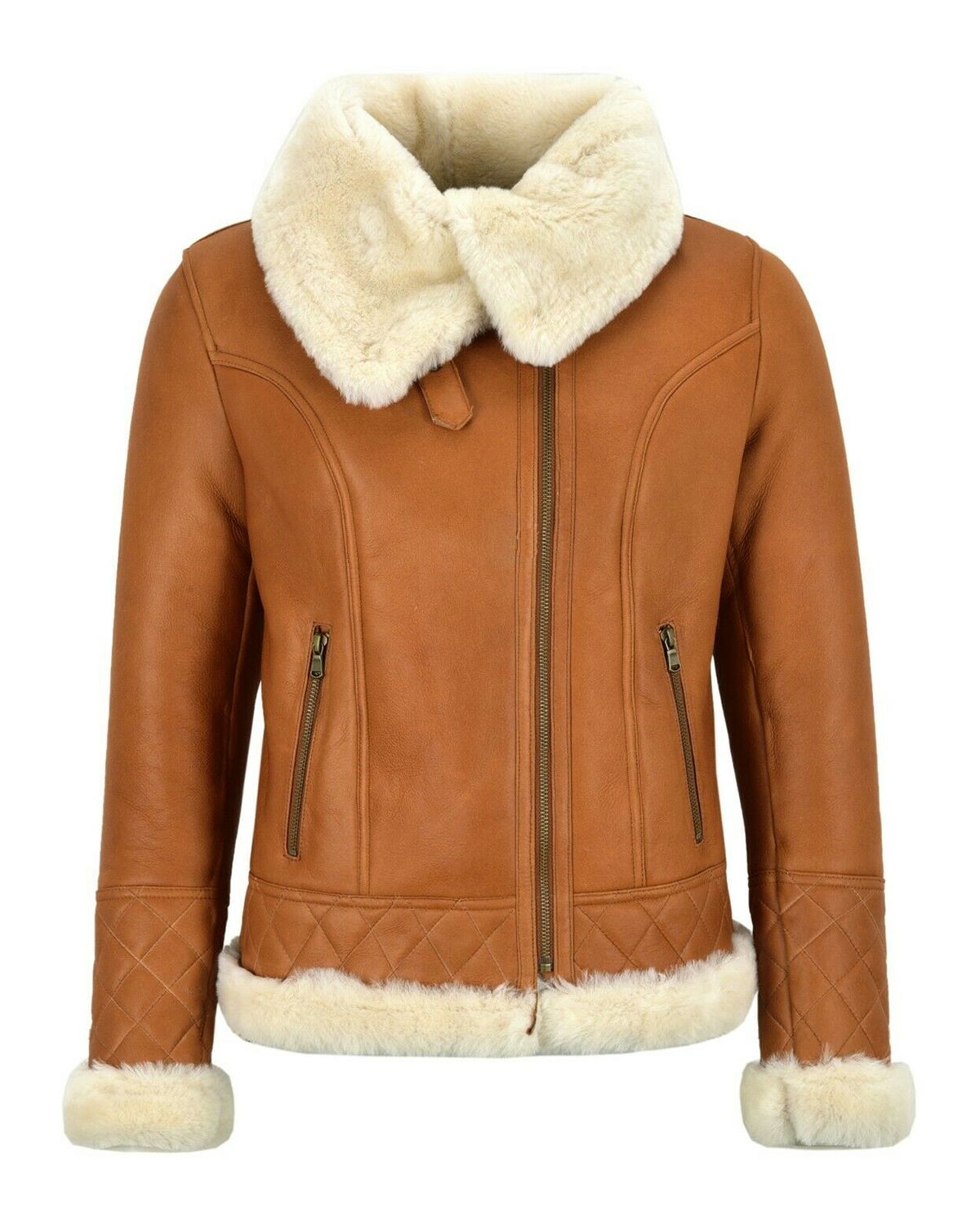 Giacca da aviatore in pelle di pecora da donna, color caramello