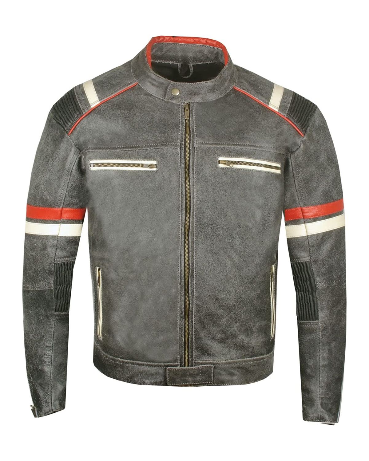 Giacca da motociclista in pelle di pecora nera anticata da uomo