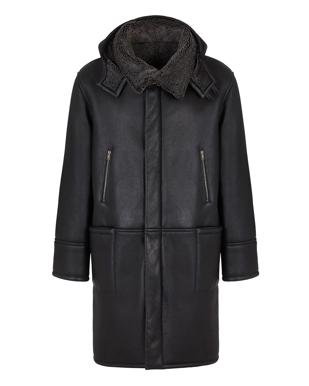 Cappotto in pelle di pecora con cappuccio da uomo, nero
