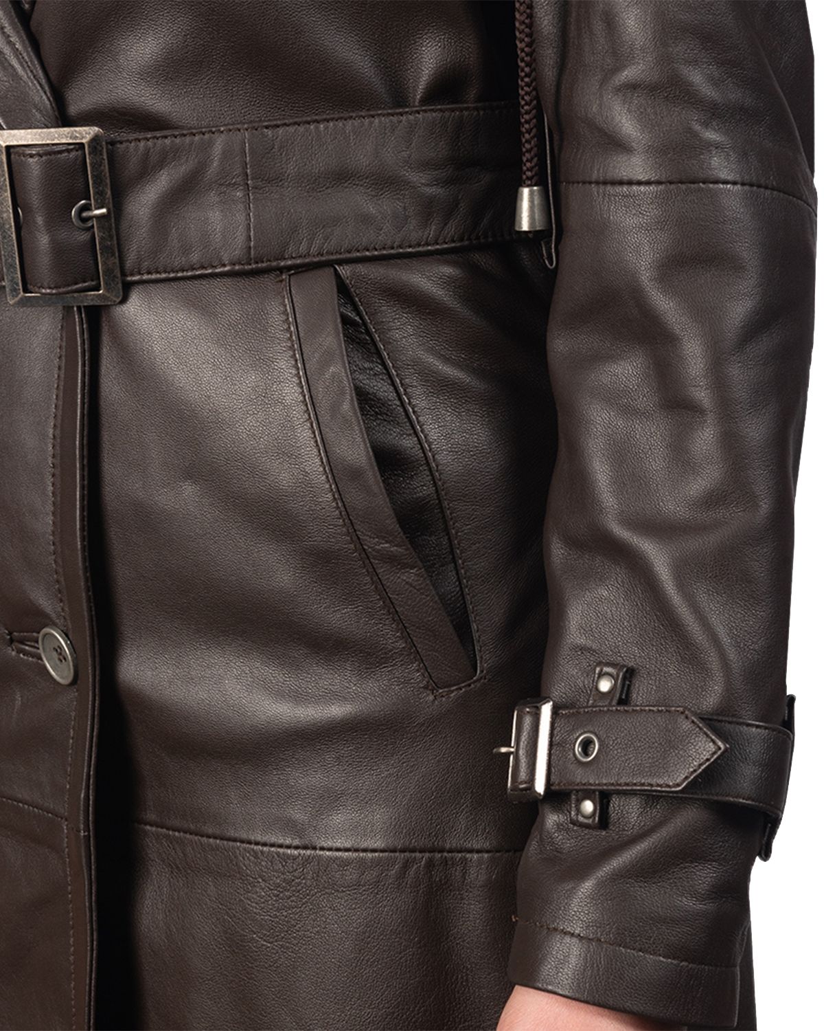 Trench lungo in pelle naturale da donna, nero