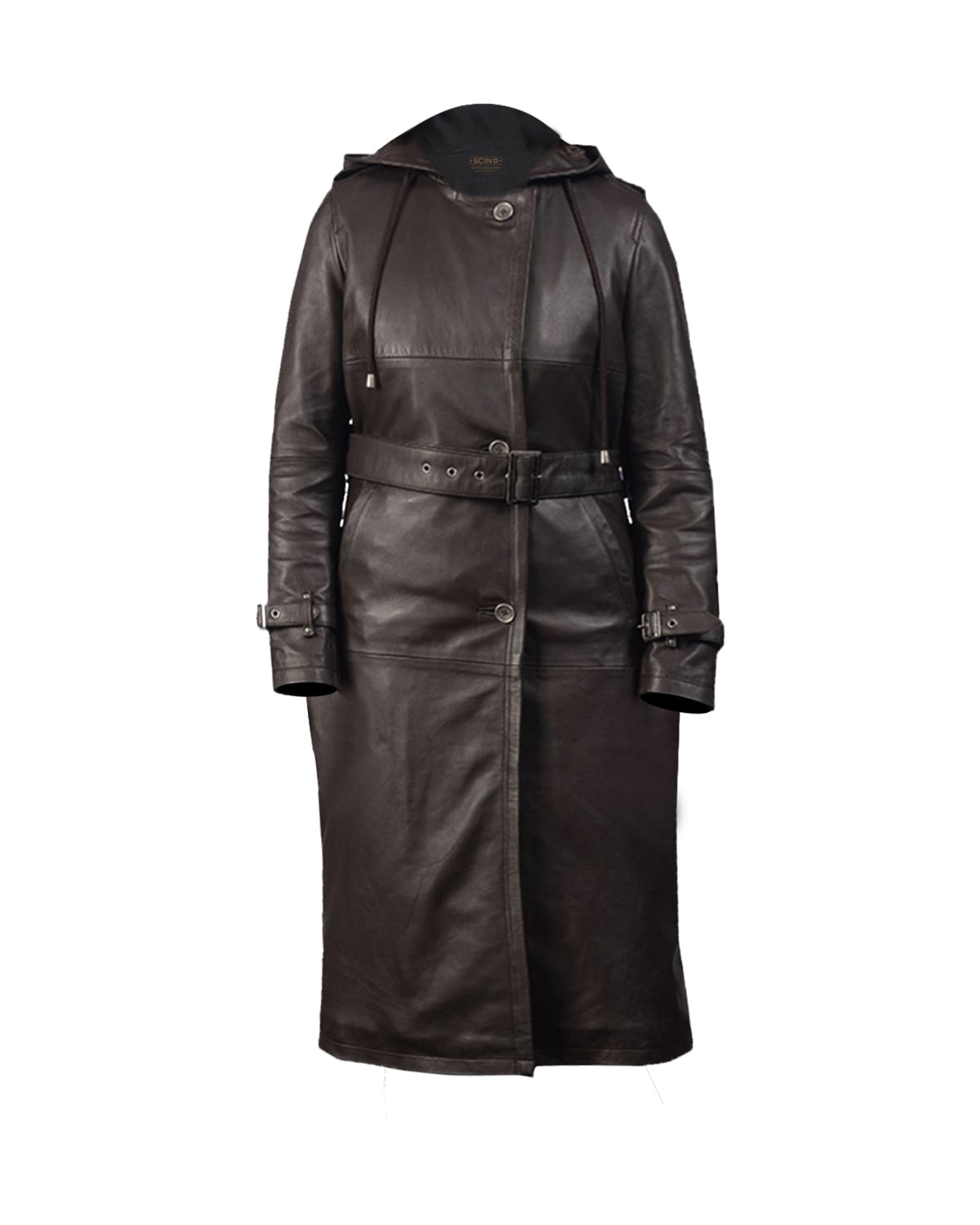 Trench lungo in pelle naturale da donna, nero
