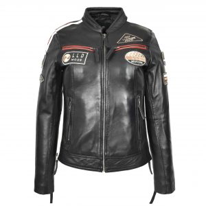 BUNERI Chaqueta Biker Cafe Racer de Cuero para Mujer Insignias Moto Negra