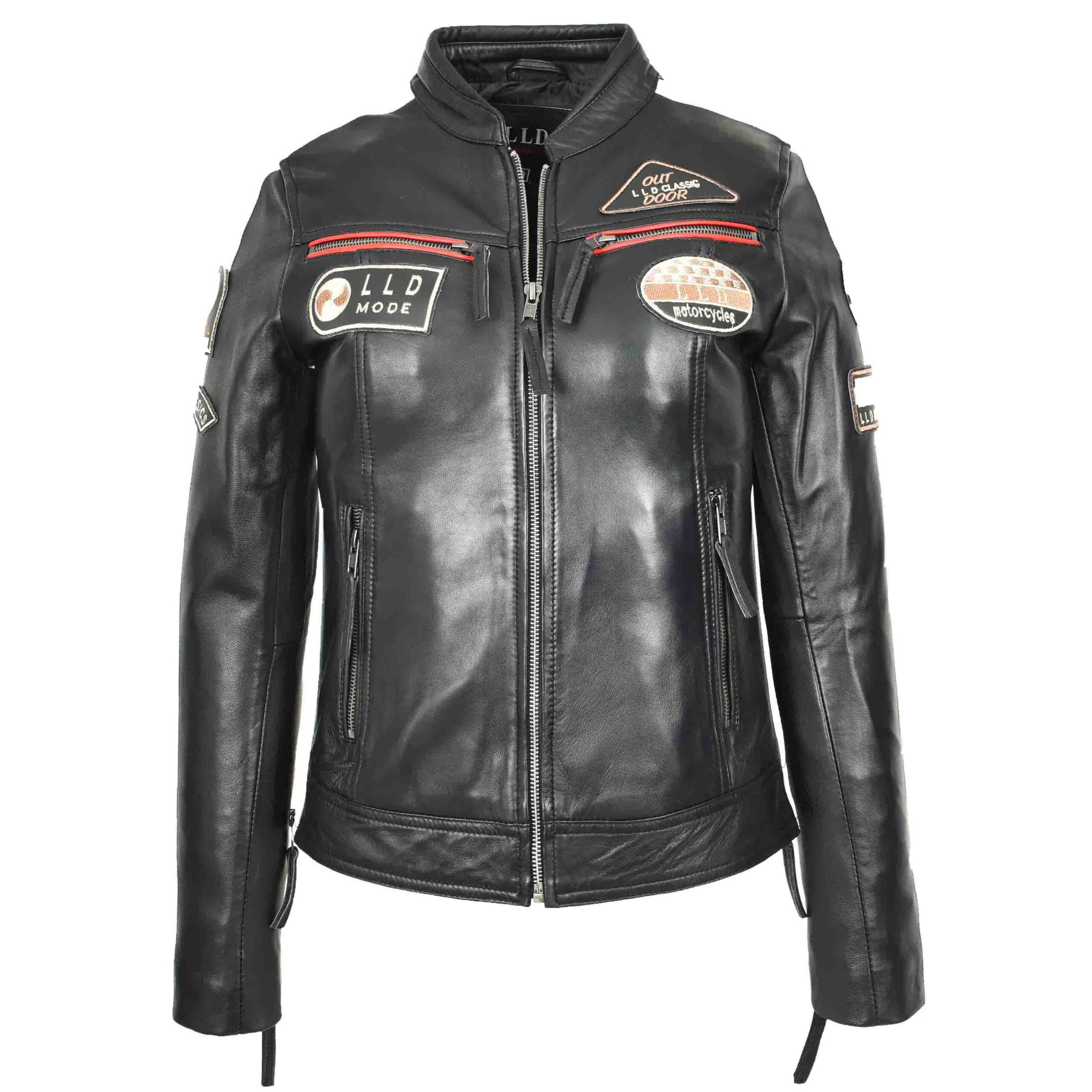 BUNERI Chaqueta Biker Cafe Racer de Cuero para Mujer Insignias Moto Negra - Imagen 7