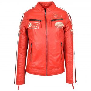BUNERI Rojo Chaqueta Biker Mujer Cuero Cafe Racer Insignias Moto