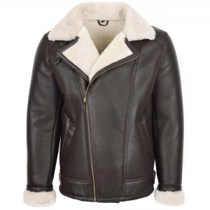 BUNERI Chaqueta Hombre Piel de Oveja Aviador Piloto Marron Blanco