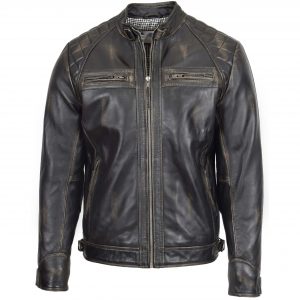 BUNERI Chaqueta Biker de Cuero Rub-Off Vintage para Hombre Cuello Alto