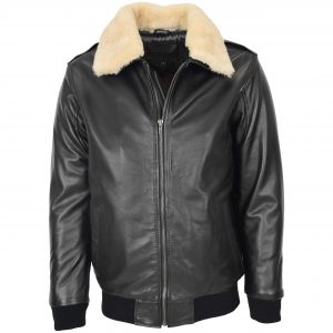 BUNERI Bomber Cuero Viggo Negro con Cuello de Borrego