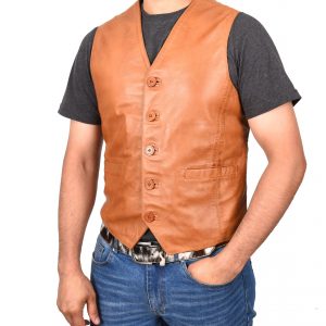 BUNERI Chaleco de Cuero Tan para Hombre con Botonadura