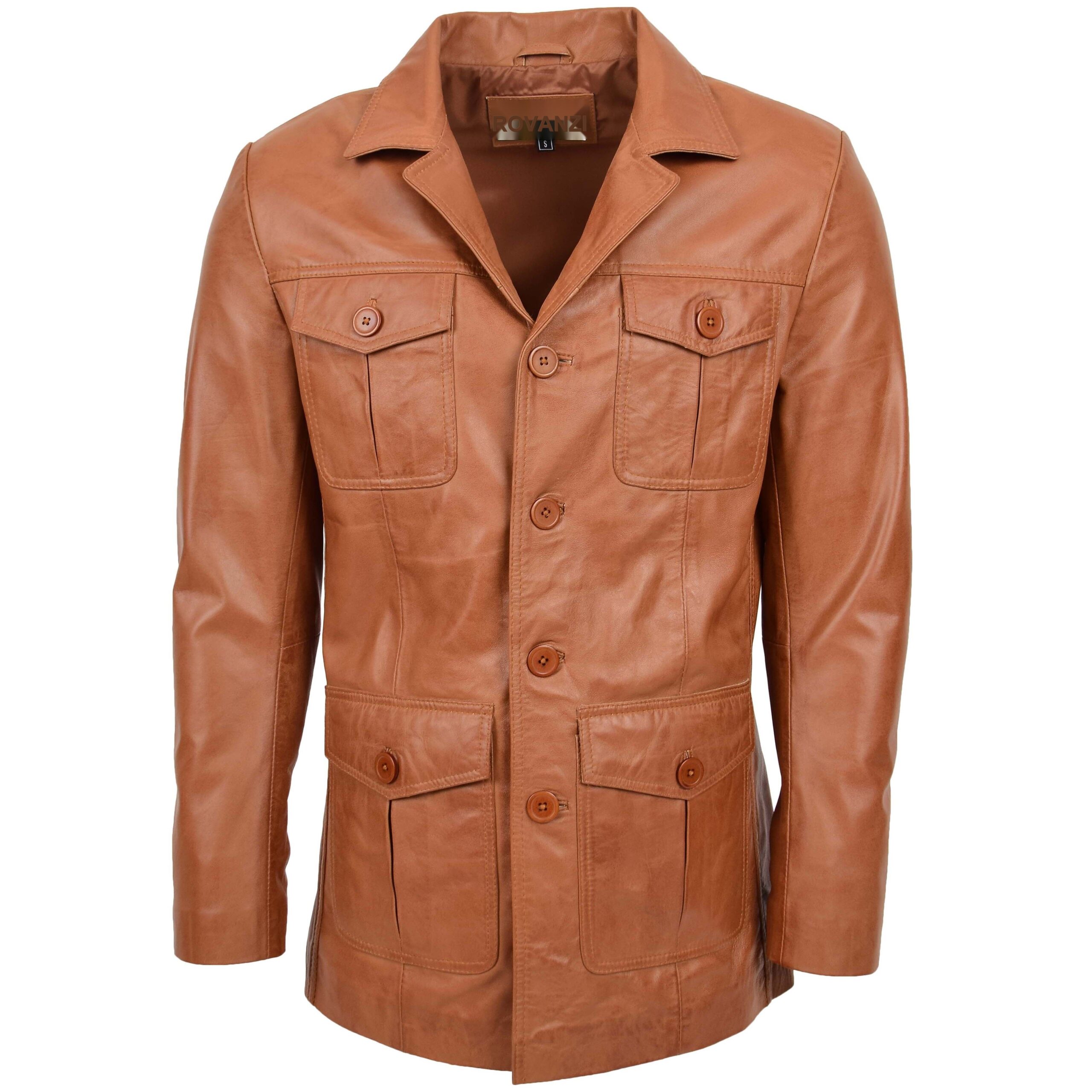 BUNERI Chaqueta Reefer de Cuero Tan para Hombre con Botonadura
