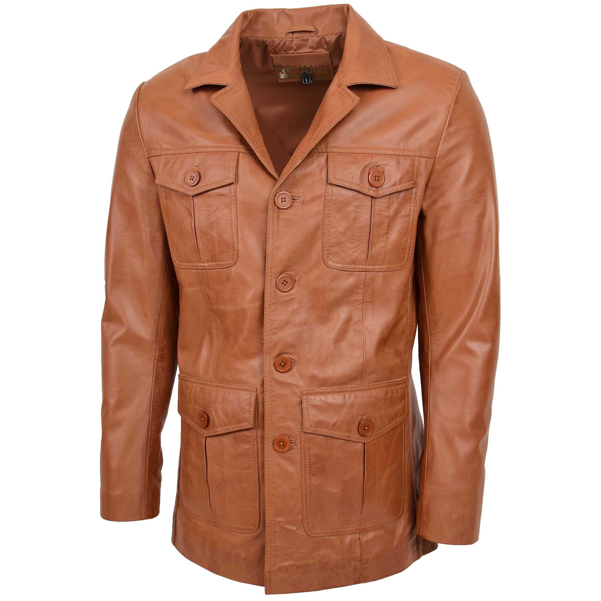 BUNERI Chaqueta Reefer de Cuero Tan para Hombre con Botonadura - Imagen 3