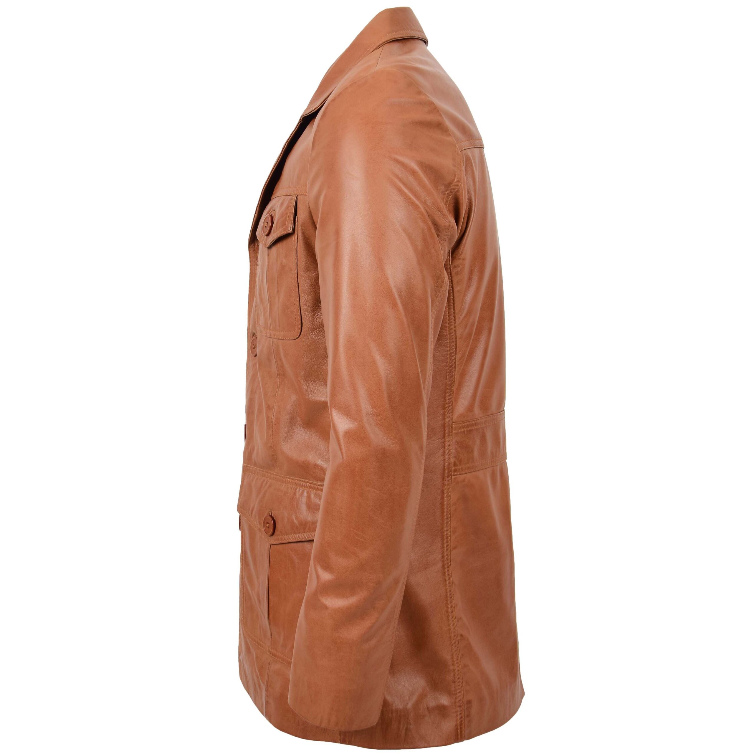 BUNERI Chaqueta Reefer de Cuero Tan para Hombre con Botonadura - Imagen 4