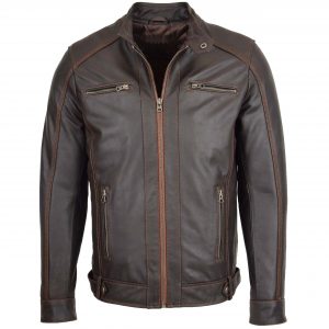 BUNERI Chaqueta Biker de Cuero Marrón Clásica con Cremallera para Hombre