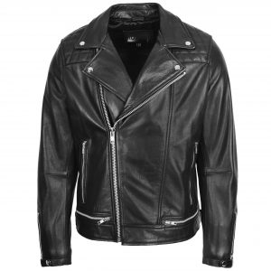 BUNERI Chaqueta Biker de Cuero Diseño Brando para Hombre Negro