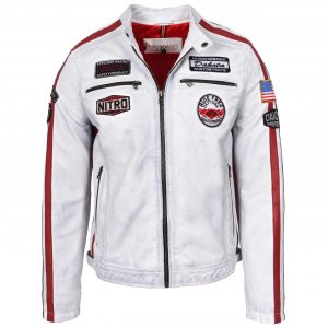 BUNERI Chaqueta Biker Hombre Cuero Logos Motorsport Blanco Vintage