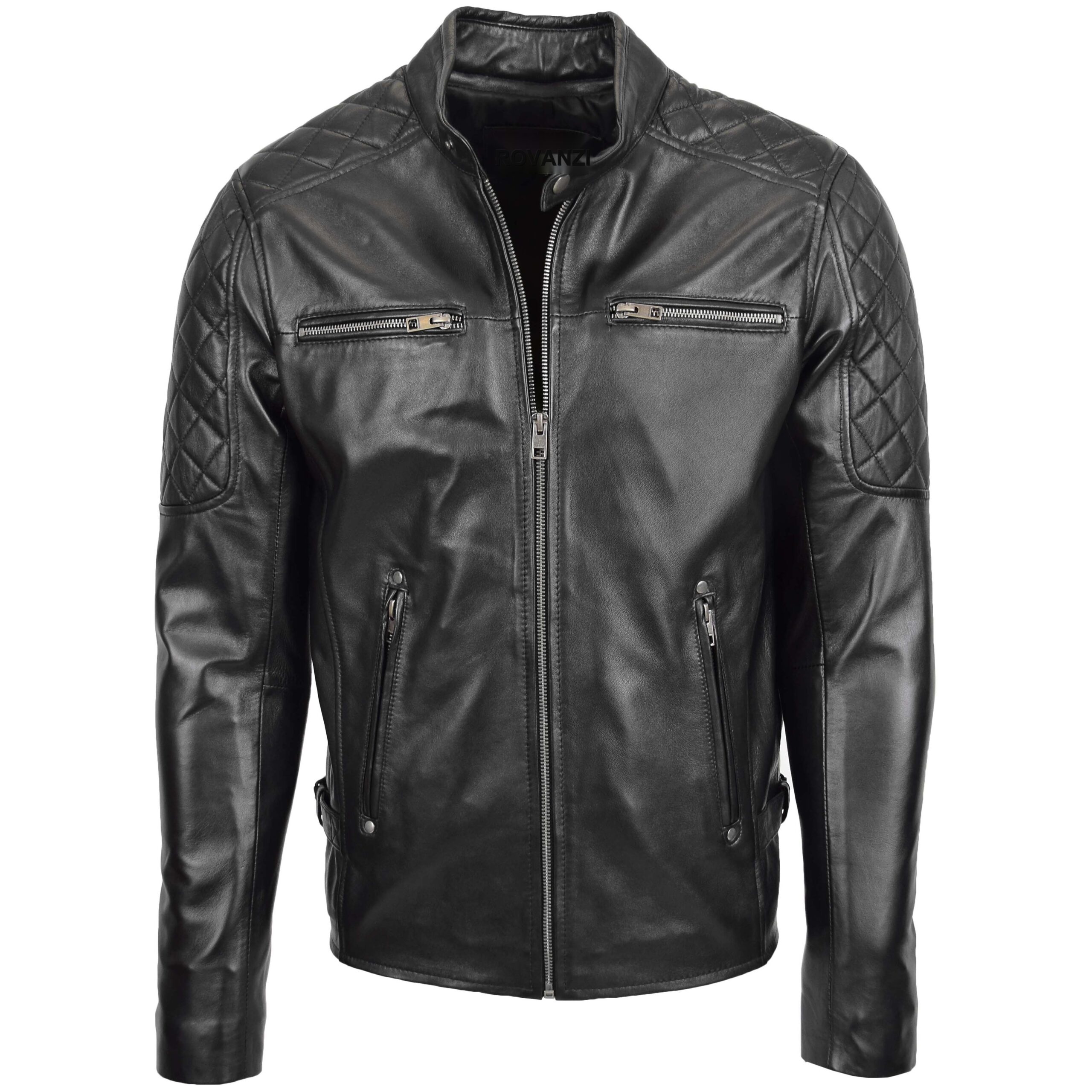 BUNERI Chaqueta Hombre Cuero Estilo Biker con Detalle Acolchado Negro