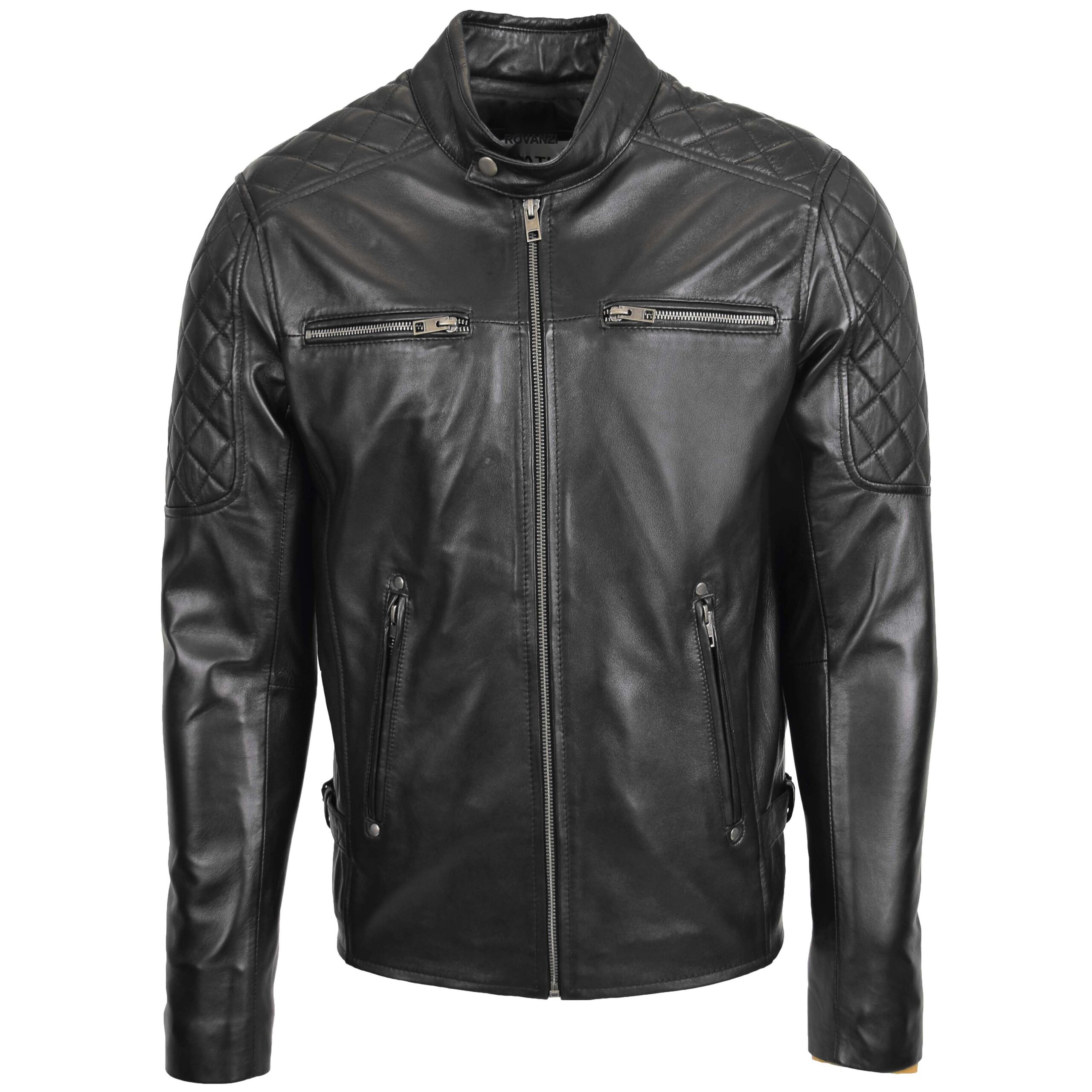 BUNERI Chaqueta Hombre Cuero Estilo Biker con Detalle Acolchado Negro - Imagen 3