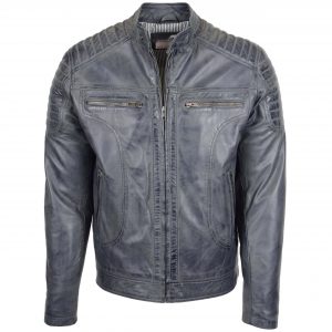 BUNERI Chaqueta Biker de Cuero Style Zip para Hombre Gris Bicolor