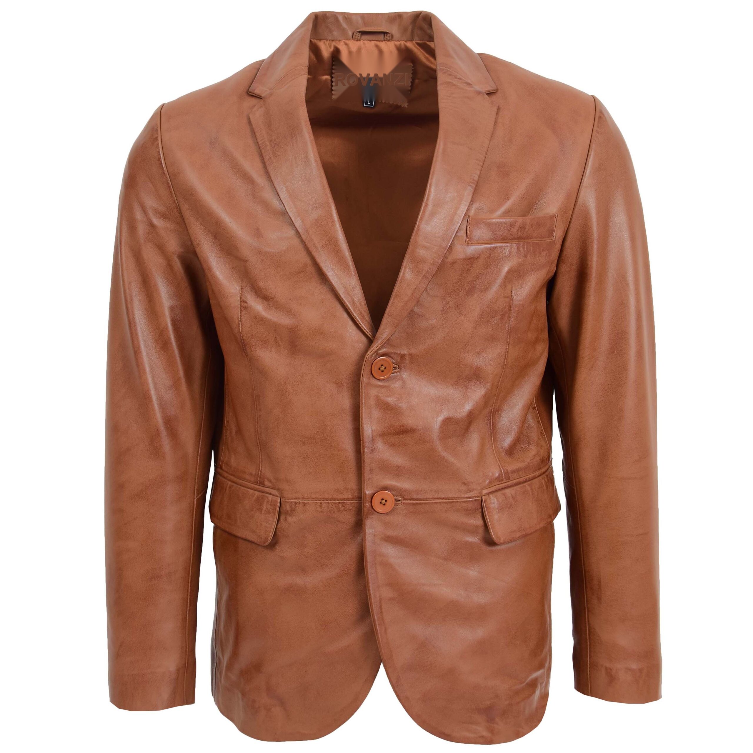 BUNERI Blazer de Cuero Tan para Hombre de Dos Botones