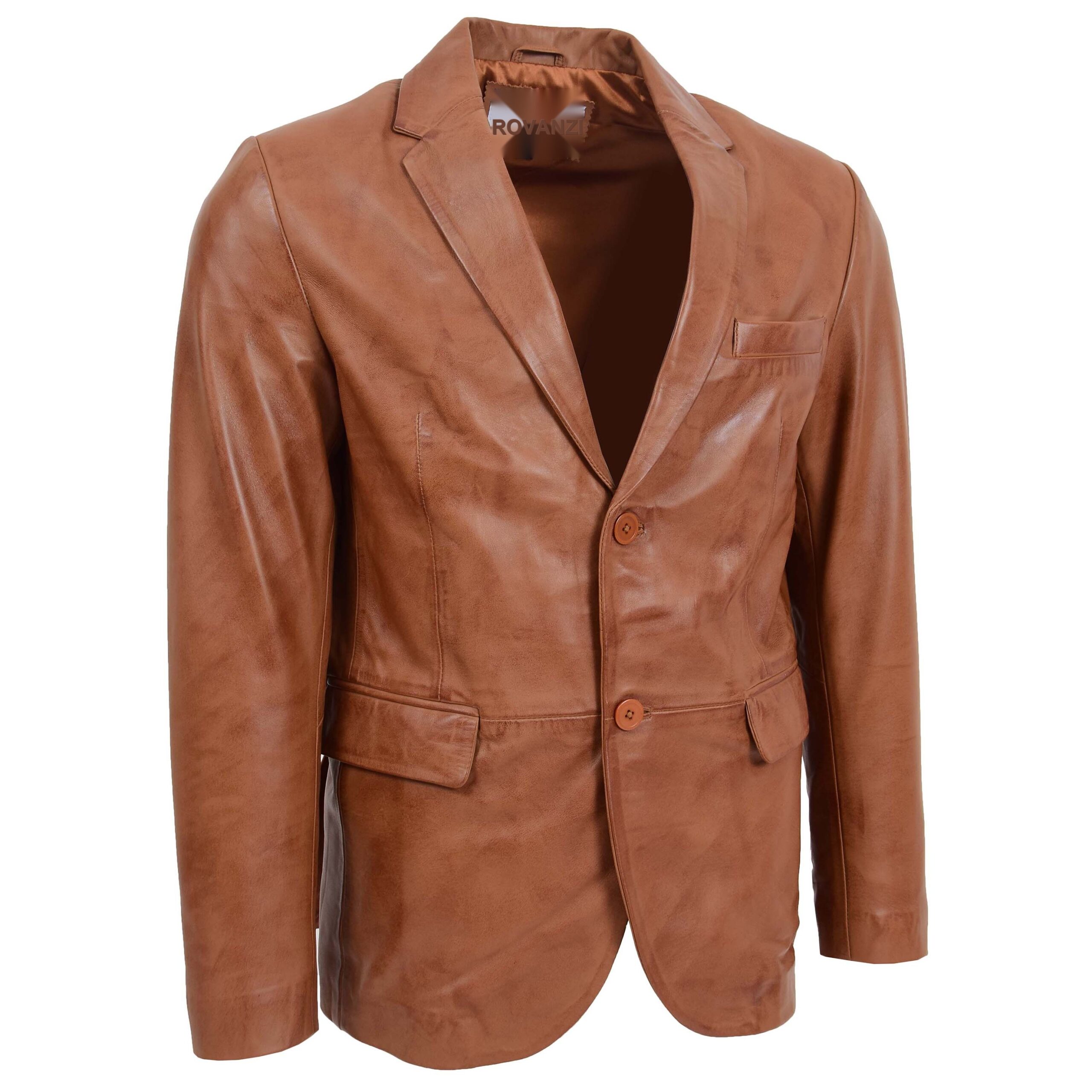 BUNERI Blazer de Cuero Tan para Hombre de Dos Botones - Imagen 3