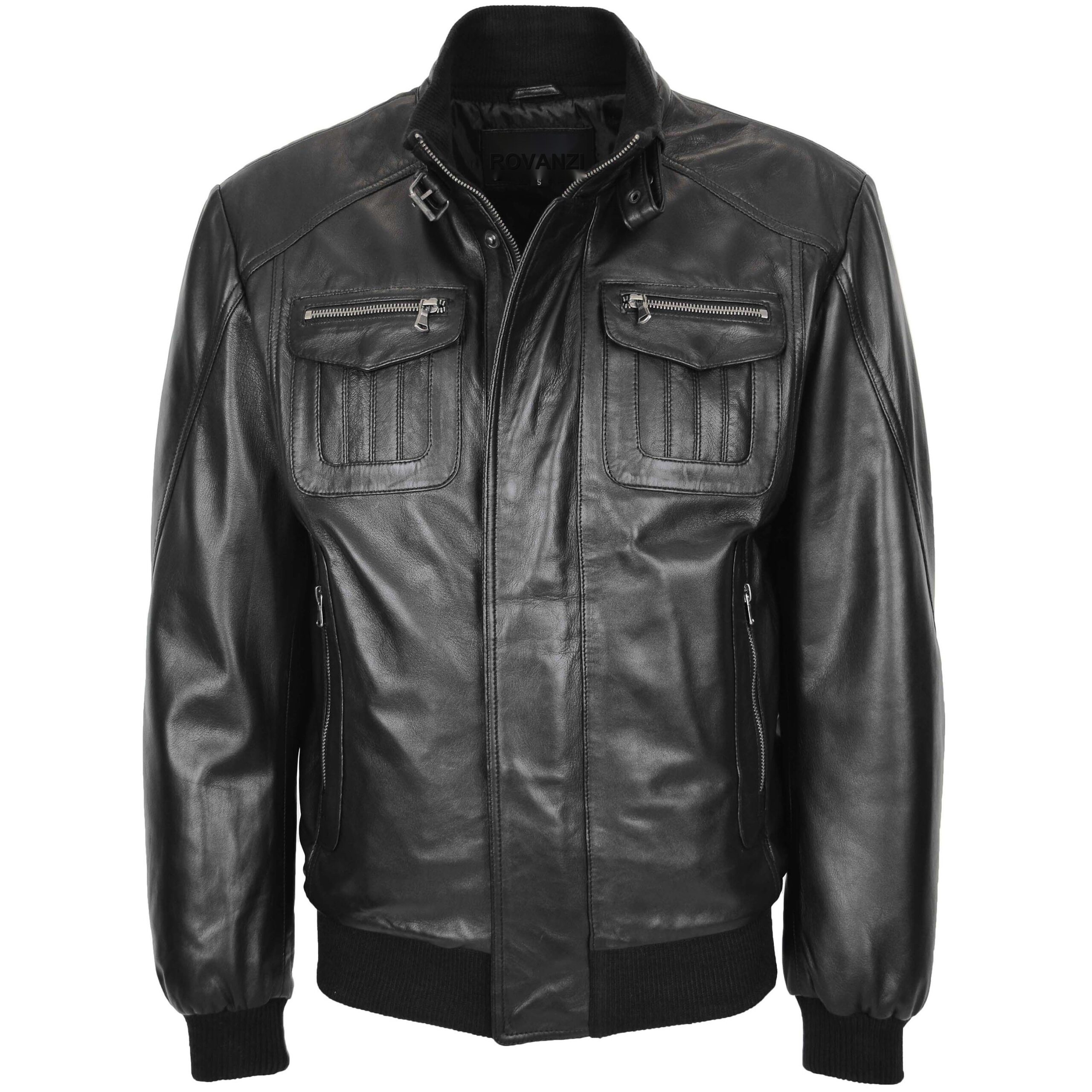 BUNERI Chaqueta Hombre Cuero Bomber Cazadora de Vuelo Negro