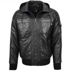 BUNERI Bomber Cuero Bronx Negra con Capucha