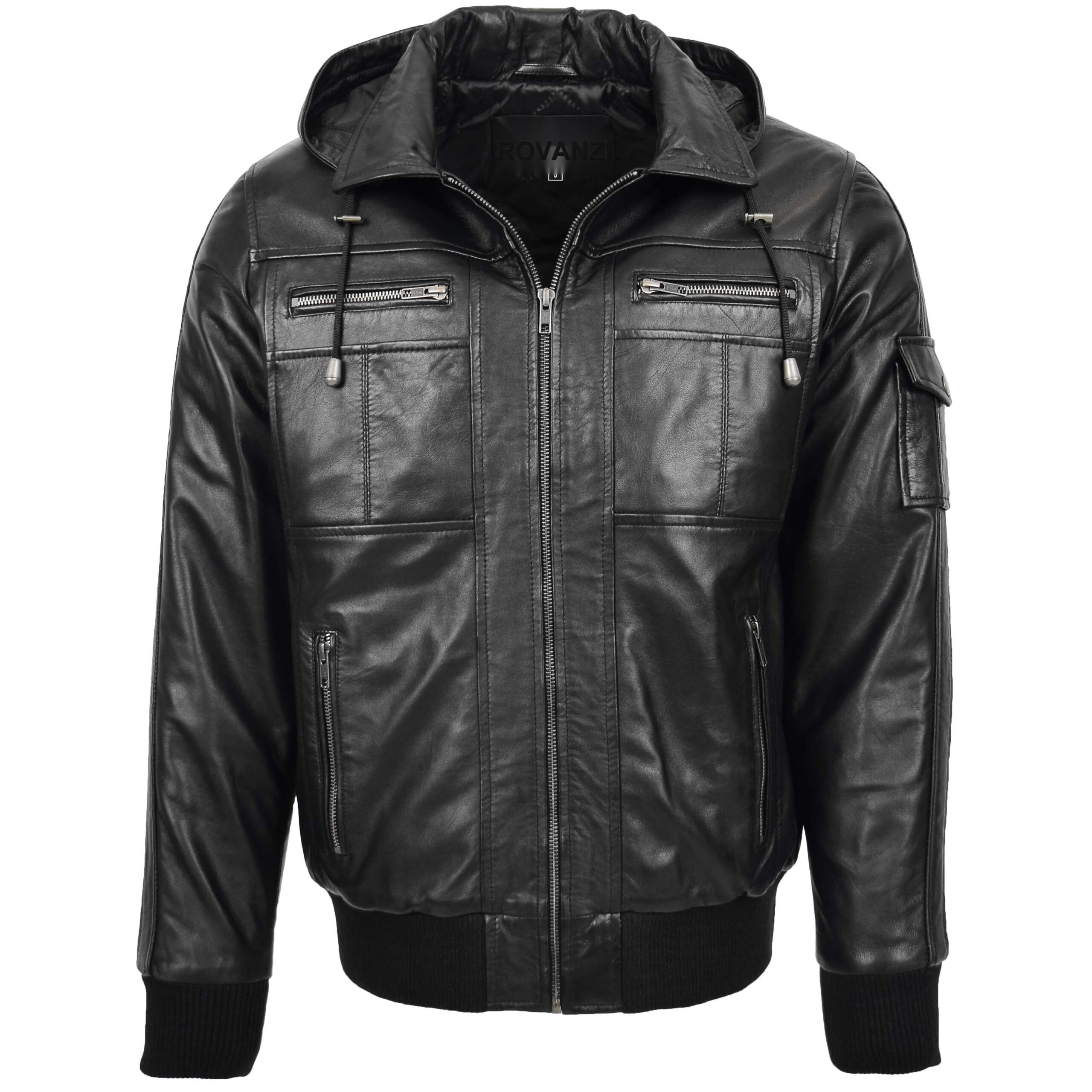 BUNERI Bomber Cuero Bronx Negra con Capucha