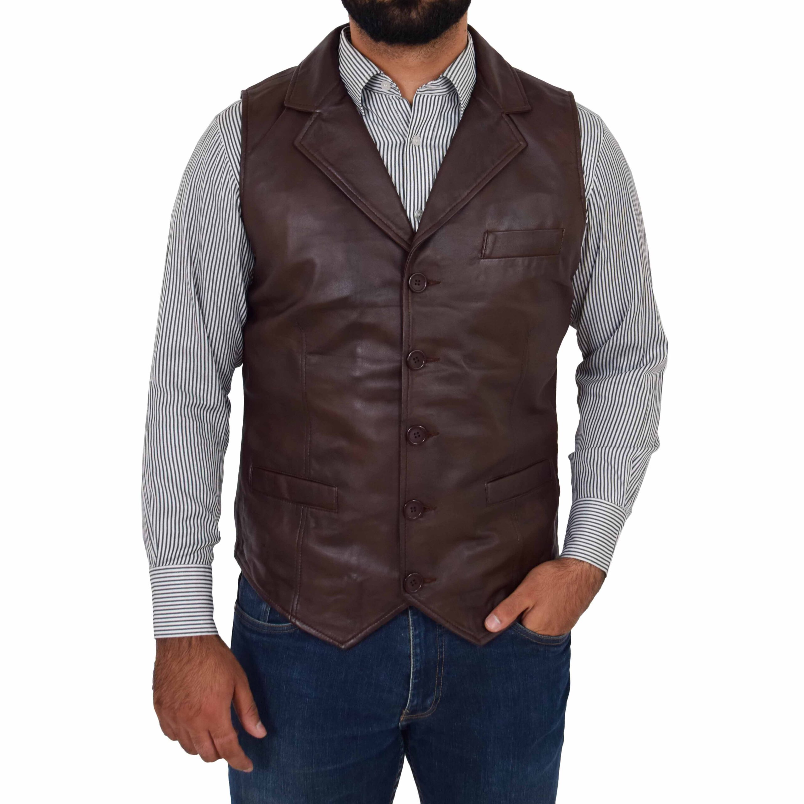 BUNERI de Cuero Calvin Marrón Abotonado Gilet