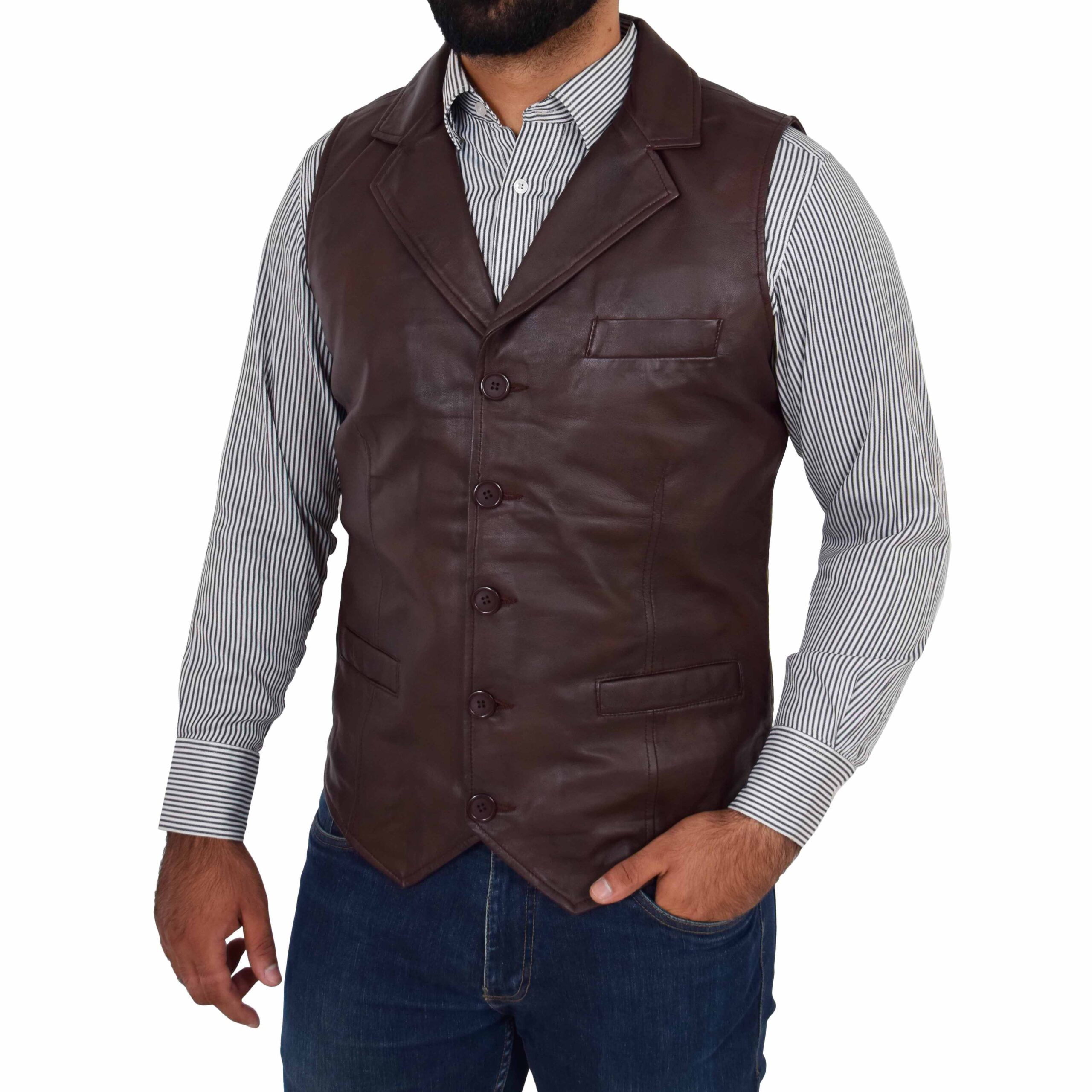 BUNERI de Cuero Calvin Marrón Abotonado Gilet - Imagen 4