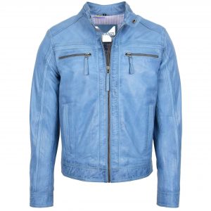 BUNERI Chaqueta Biker Cafe Racer de Cuero para Hombre Azul Cielo