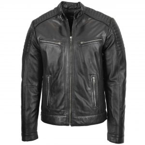 BUNERI Chaqueta Hombre Cuero Cafe Racer Biker Negro