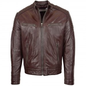 BUNERI Chaqueta Hombre Cuero Cafe Racer Biker Marron