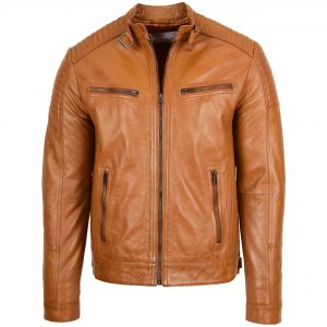 BUNERI Chaqueta Hombre Cuero Cafe Racer Biker Tostado