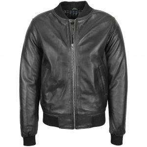 BUNERI Chaqueta Bomber MA-1 de Cuero Negro para Hombre
