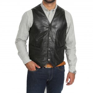 BUNERI Chaleco de Cuero Negro Tradicional para Hombre