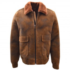 BUNERI Chaqueta Hombre Piel de Oveja Aviador Original Marron Jengibre Shearling