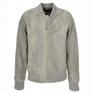 BUNERI Chaqueta Bomber MA-1 Varsity de Ante Real de Cabra Gris para Hombre