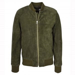 BUNERI Chaqueta Bomber Hombre Ante Cabra MA-1 Varsity Diseno Verde Oliva