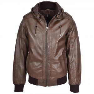 BUNERI Chaqueta Hombre Cuero Real Bomber Capucha Extraible Marron